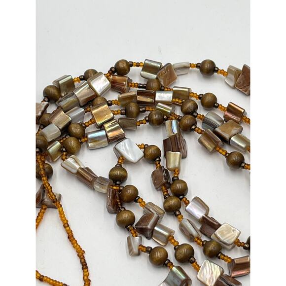 Vintage Boho Multi-Strand Wood Mother of Pearl Shell Bead Necklace Earth Tones - Picture 9 of 11